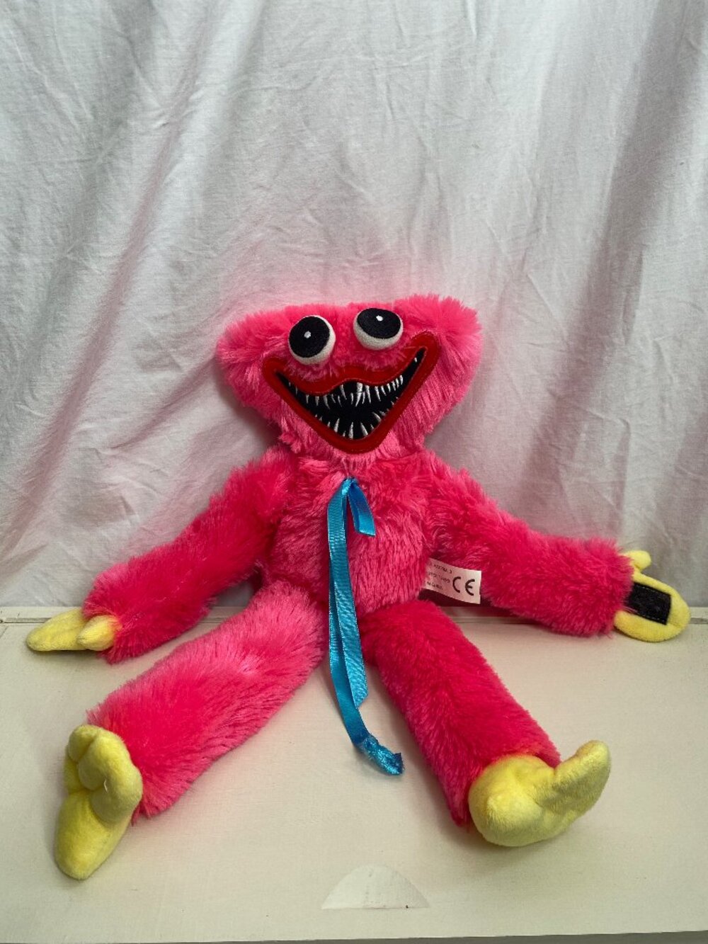Pink Huggy Wuggy Plush 16" Poppy Playtime Monster With Blue Ribbon/Yellow Hands